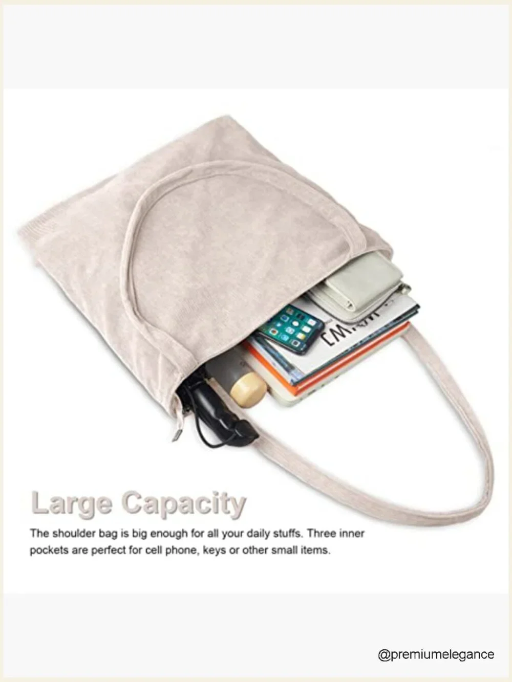 Large Corduroy Hobo Shoulder Bag Zip Closure Inner Pockets Work Travel